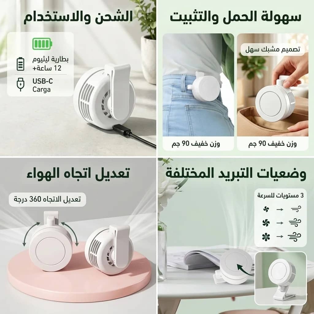 - مروحة حزام صغيرة محمولة وبدون شفرات مع مشبك دوار قابلة لإعادة الشحن بمنفذ USB-C 360° و 3 سرعات .