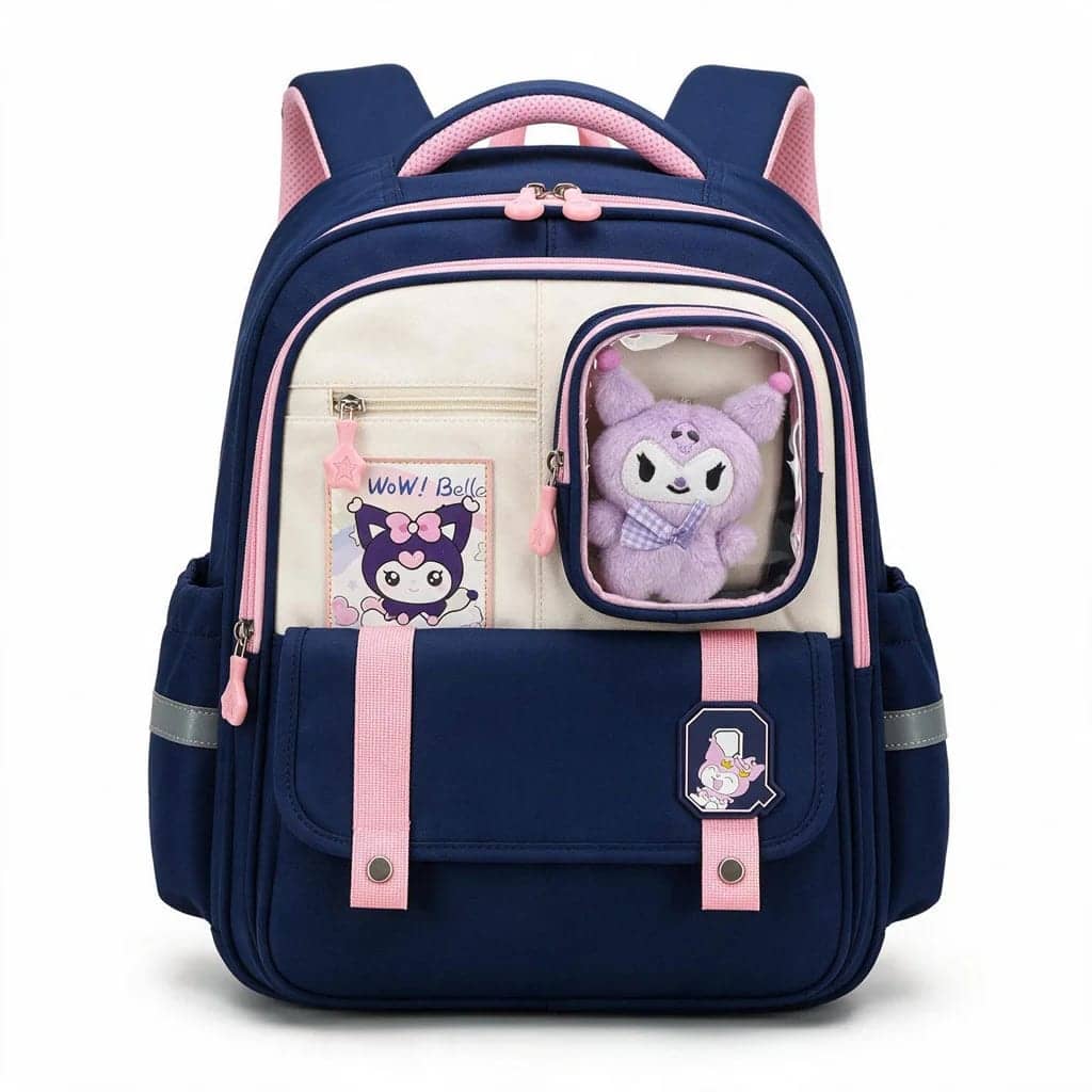 Sac à Dos Scolaire Style Kawaii Grand Volume avec Peluche Incluse Tissu Imperméable Bleu et Rose SACKDS04BLF - حقيبة مدرسية بتصميم كاوايي