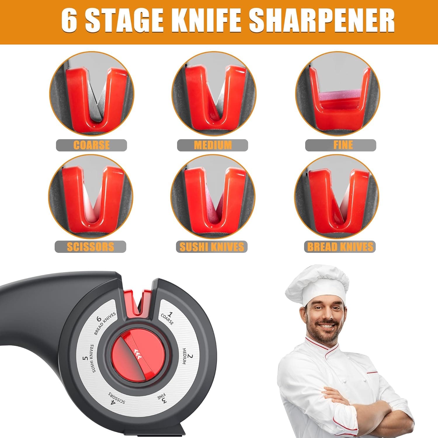 Aiguiseur de couteaux de cuisine 6 en 1 avec bouton rotatif multifonction - مسن سكاكين 2
