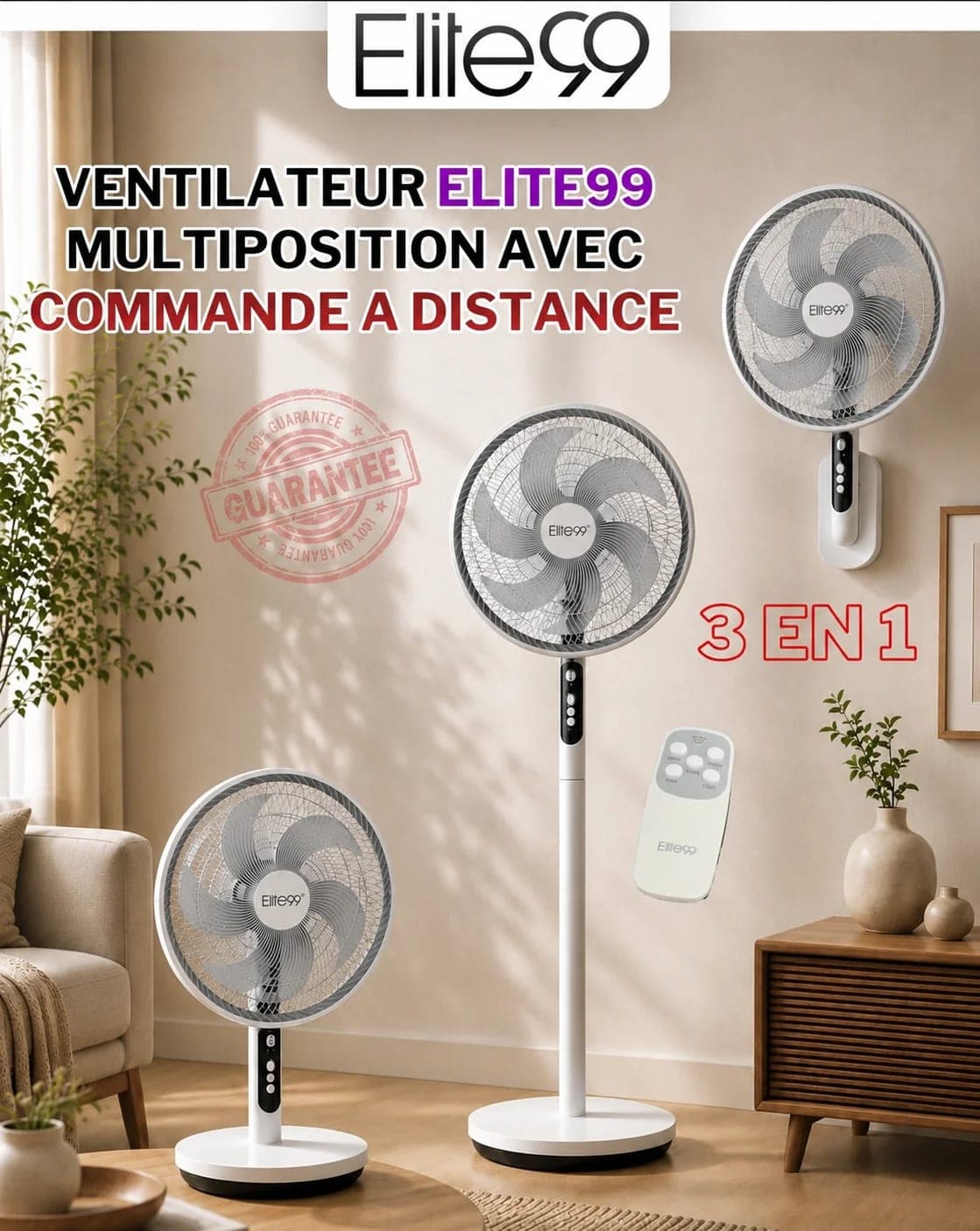 Ventilateur 3en1 Elite99 télécommande ELT-1525