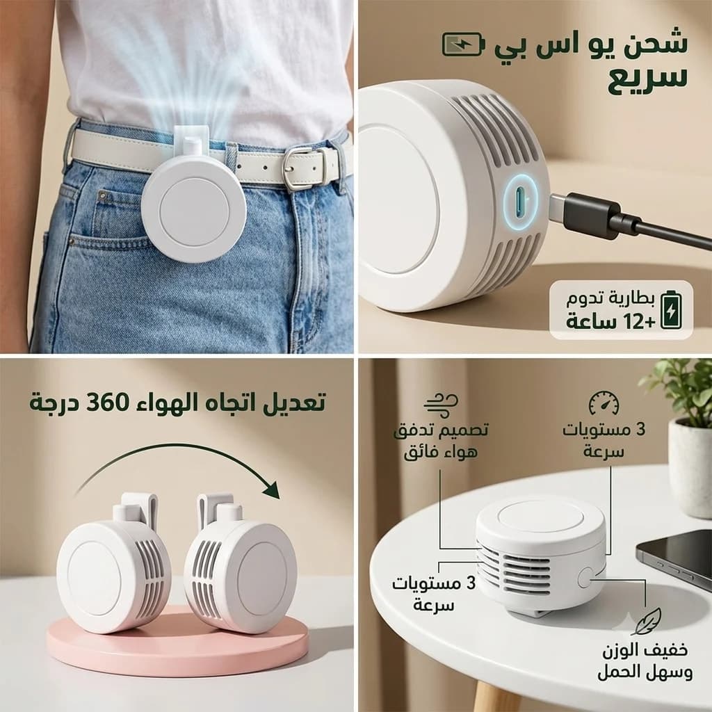 - مروحة حزام صغيرة محمولة وبدون شفرات مع مشبك دوار قابلة لإعادة الشحن بمنفذ USB-C 360° و 3 سرعات . 3