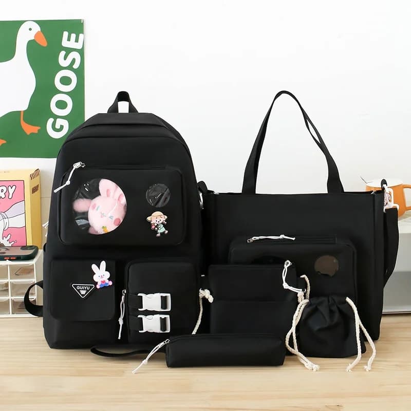 Ensemble de sacs d’école Kawai pour adolescents 5Pcs Guiyu V2 Noir – محفظة 5 قطع كاواي أسود 4