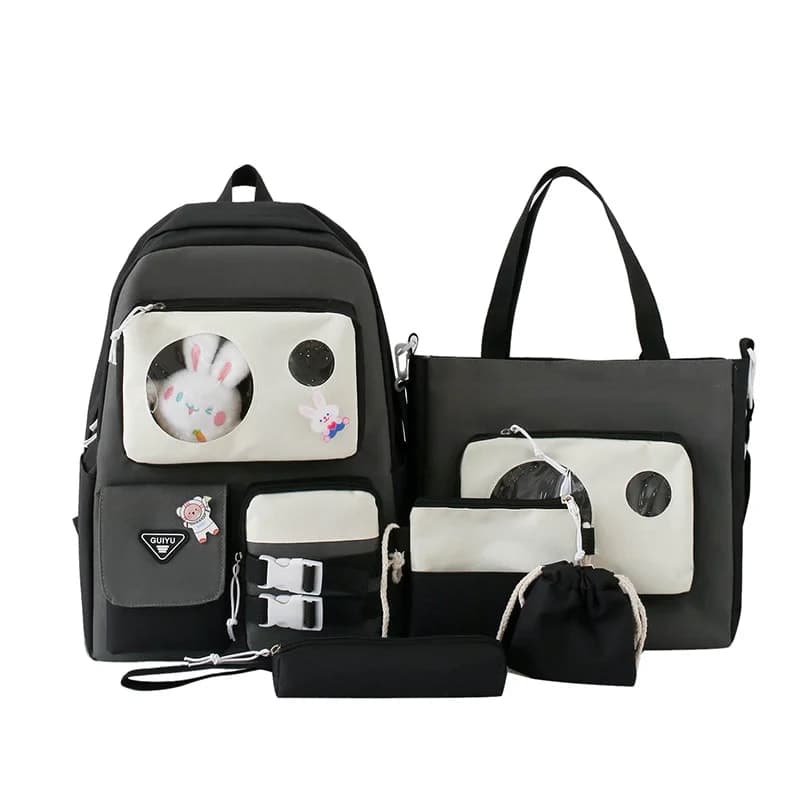 Ensemble de sacs d’école Kawai pour adolescents 5Pcs Guiyu V2 Noir et Gris– محفظة 5 قطع كاواي أسود ورمادي 4