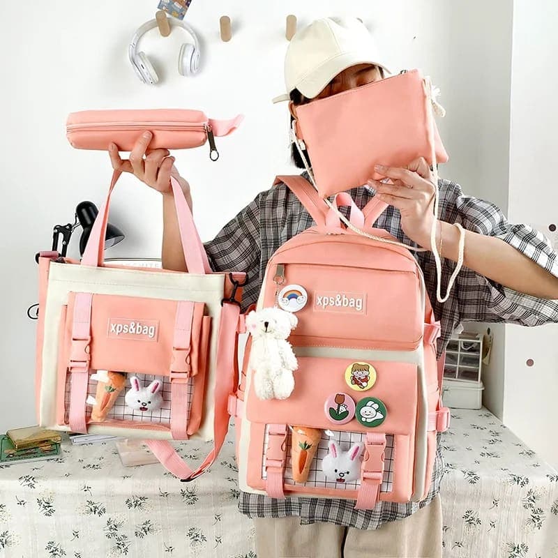 Ensemble de sacs d’école Kawai pour adolescents 4Pcs HAOLIDA V1 Rose – محفظة 4 قطع كاواي وردي 5