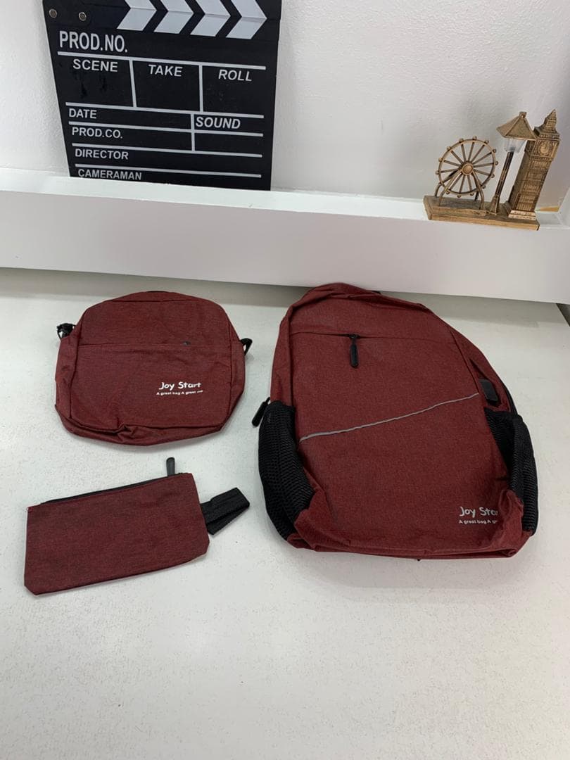 Sac à dos homme avec sac bandoulière et trousse 3en1 rouge 2755-8 – محفظة ظهر رجالية 3 قطع أحمر 3