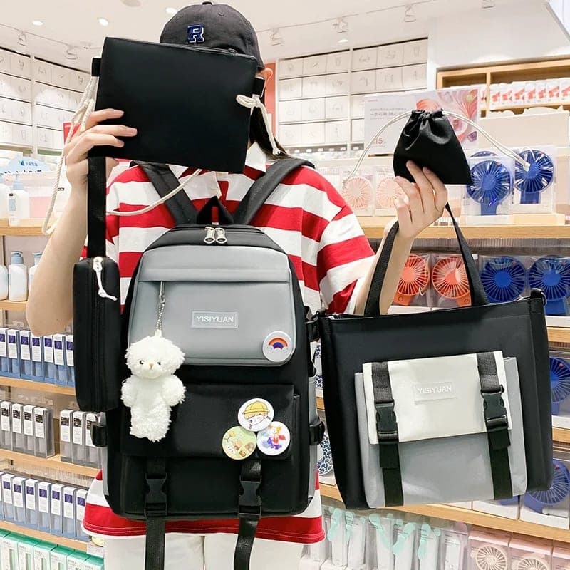 Ensemble de sacs d’école Kawai pour adolescents 5Pcs YISIYUAN Noir – محفظة 5 قطع كاواي أسود 2