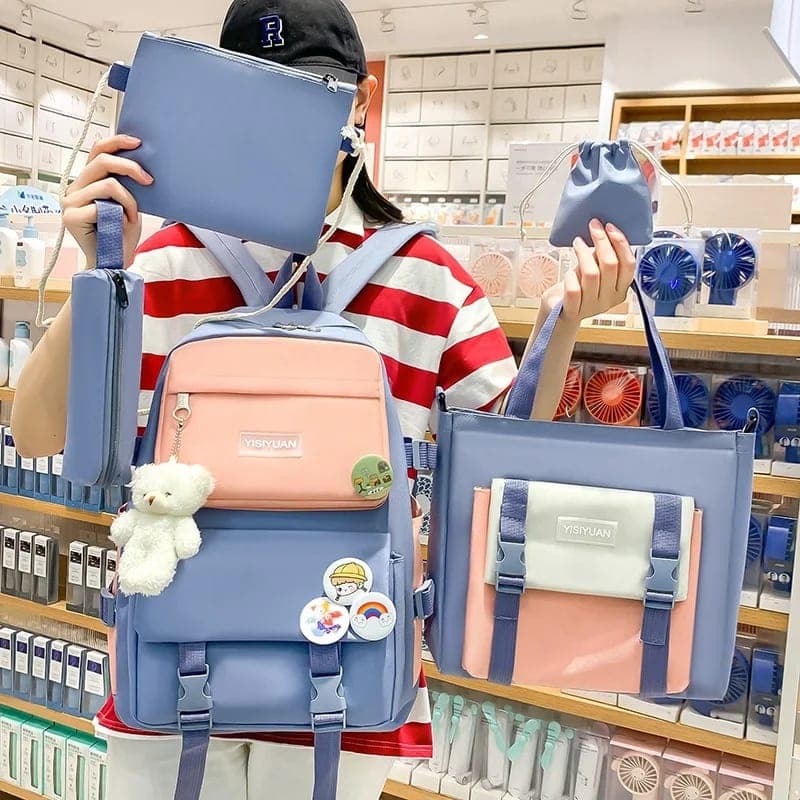 Ensemble de sacs d’école Kawai pour adolescents 5Pcs YISIYUAN Rose et Bleu – محفظة 5 قطع كاواي أزرق ووردي 2