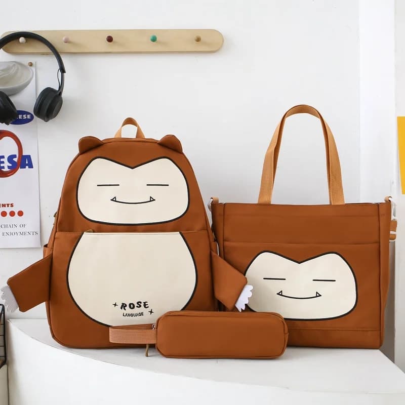 Ensemble de Sacs Snorlax 3Pcs Design Kawaii Marron – حقيبة مدرسية 3 قطع لون بني 3