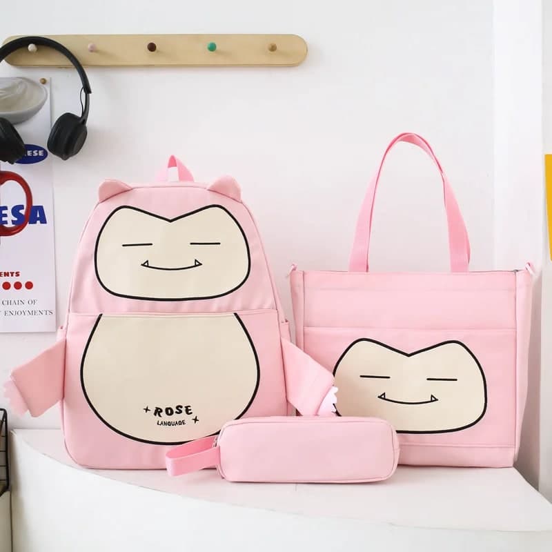 Ensemble de Sacs Snorlax 3Pcs Design Kawaii Rose- حقيبة مدرسية 3 قطع لون وردي 2