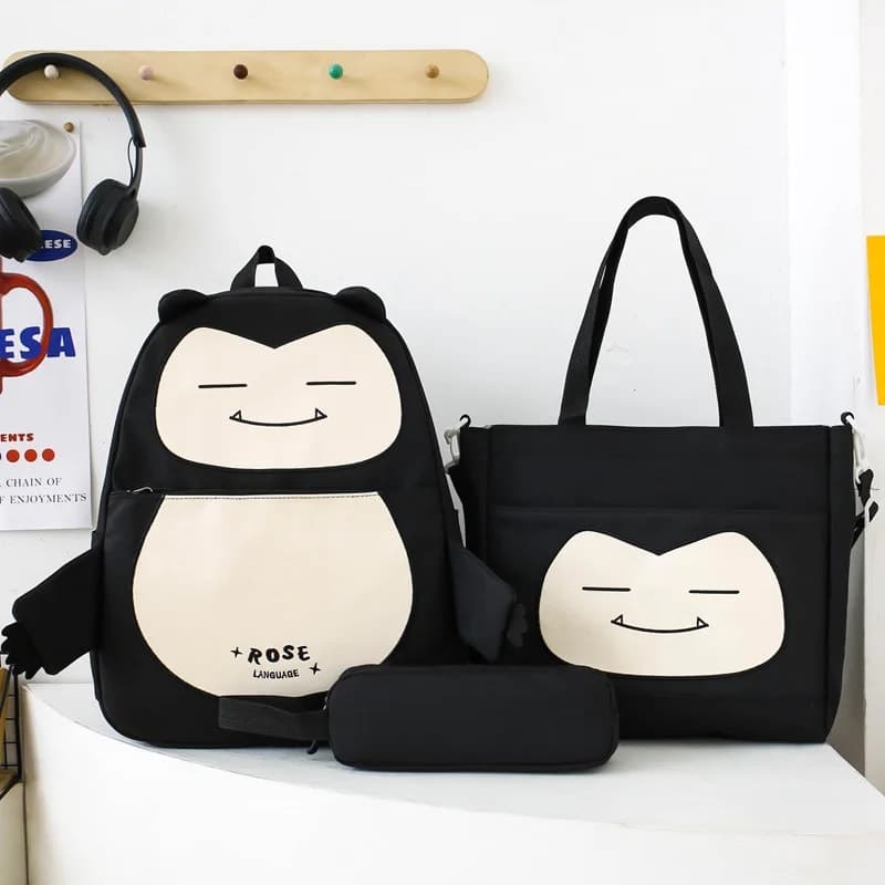 Ensemble de Sacs Snorlax 3Pcs Design Kawaii Noir – حقيبة مدرسية 3 قطع لون أسود 2