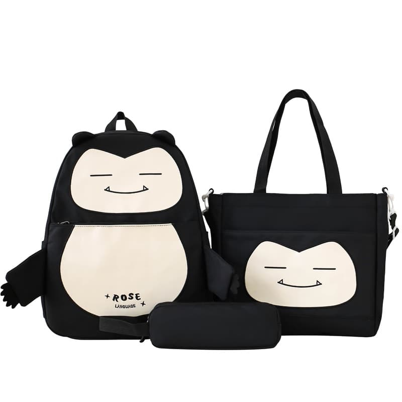 Ensemble de Sacs Snorlax 3Pcs Design Kawaii Noir – حقيبة مدرسية 3 قطع لون أسود 3