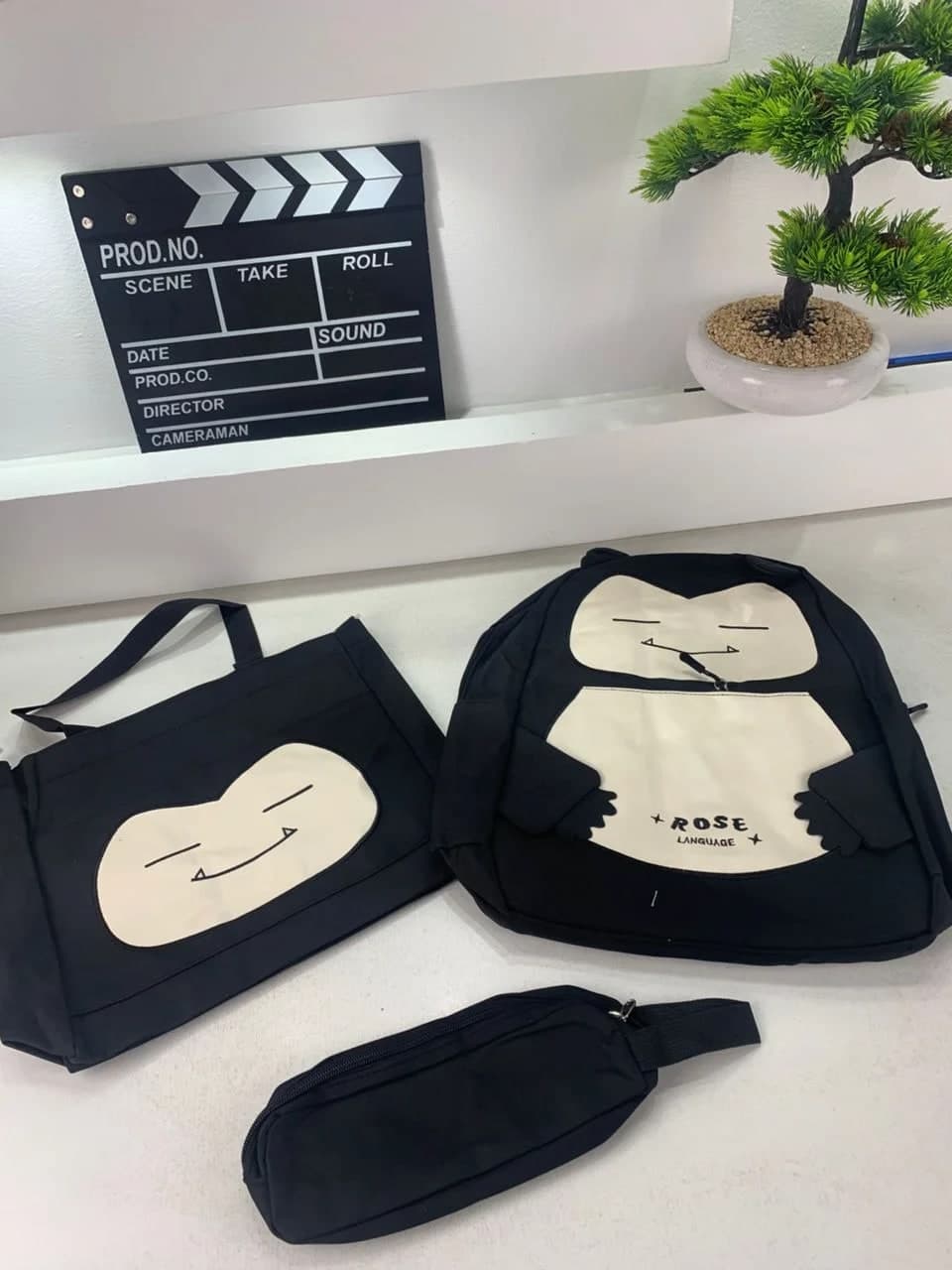 Ensemble de Sacs Snorlax 3Pcs Design Kawaii Noir – حقيبة مدرسية 3 قطع لون أسود 5