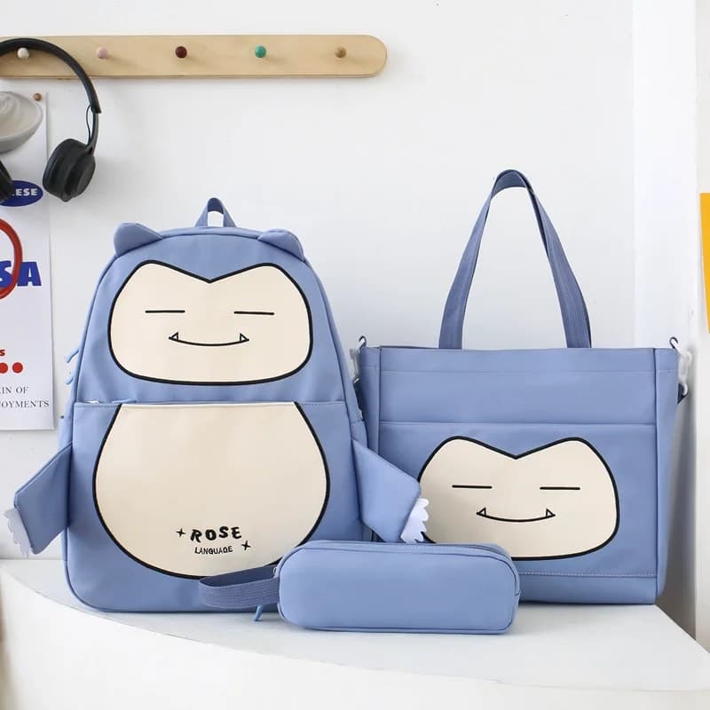 Ensemble de Sacs Snorlax 3Pcs Design Kawaii Bleu – حقيبة مدرسية 3 قطع لون أزرق 3