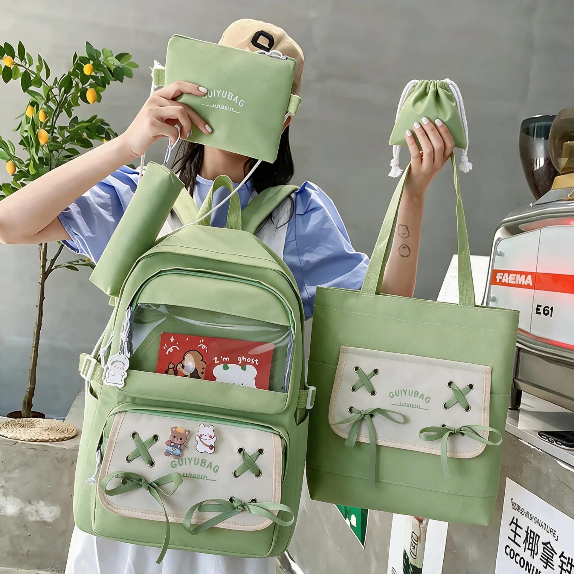 Sac à Dos Multifonctionnel Kawaii Grand Volume Imperméable et Résistant 5Pcs Vert SACKDS11VR - حقيبة ظهر بعدة قطع بتصميم كاوايي 2