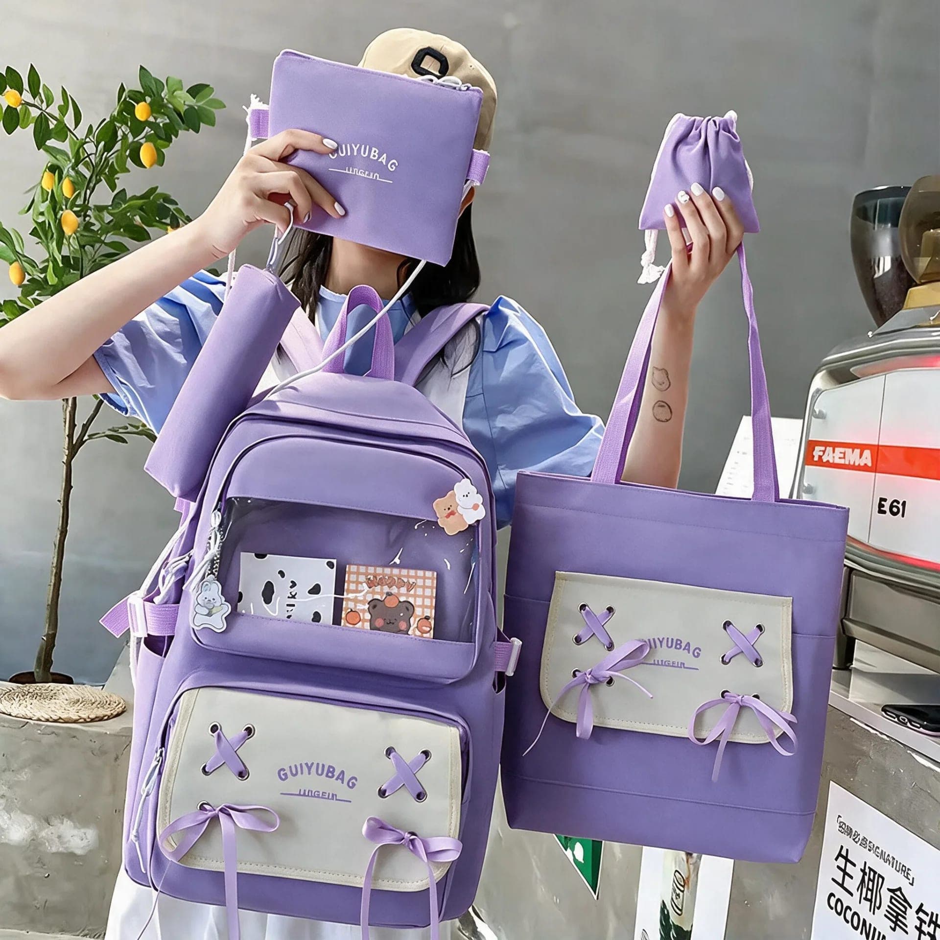 Sac à Dos Multifonctionnel Kawaii Grand Volume Imperméable et Résistant 5Pcs Mauve SACKDS11MV - حقيبة ظهر بعدة قطع بتصميم كاوايي 2