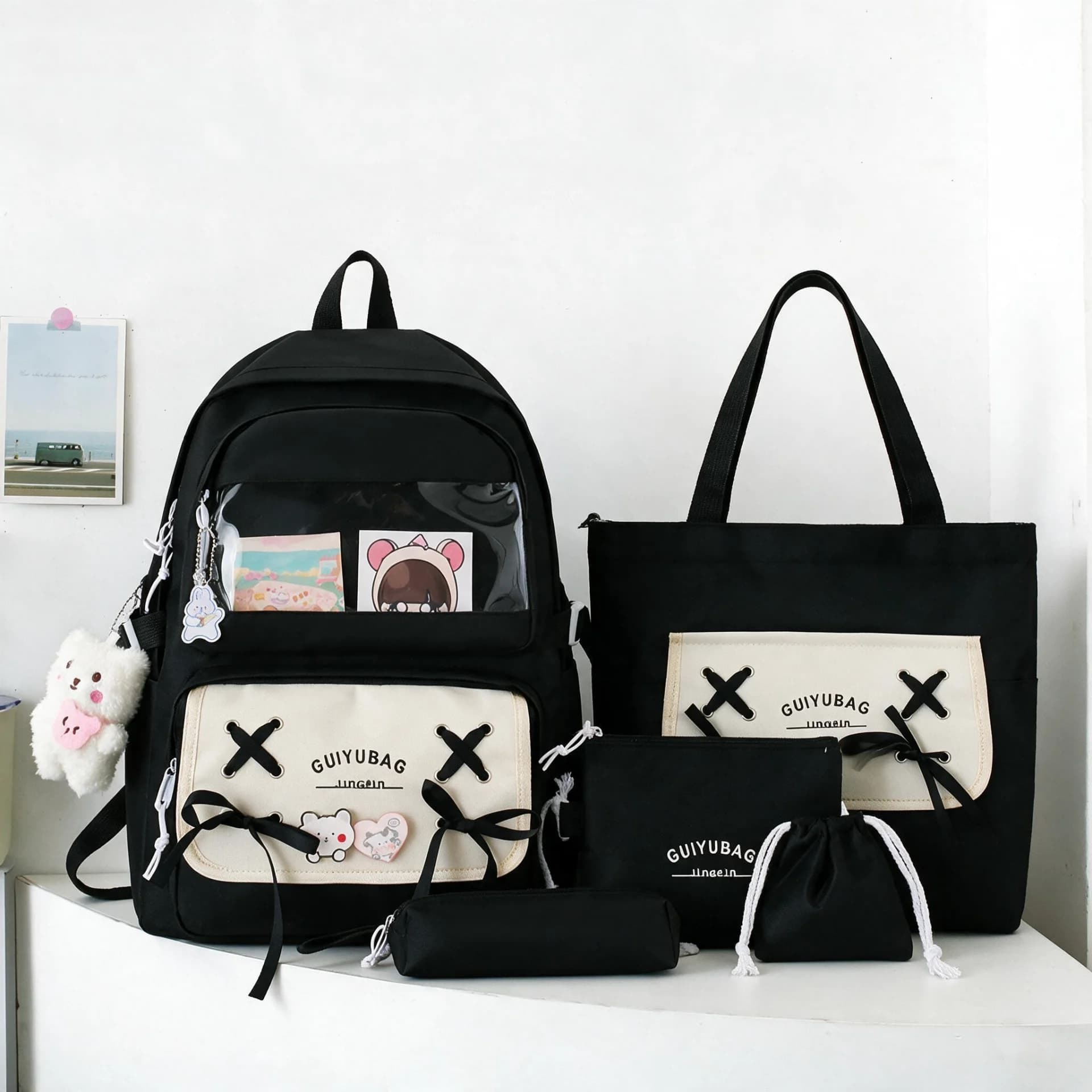 Sac à Dos Multifonctionnel Kawaii Grand Volume Imperméable et Résistant 5Pcs Noir SACKDS11N - حقيبة ظهر بعدة قطع بتصميم كاوايي