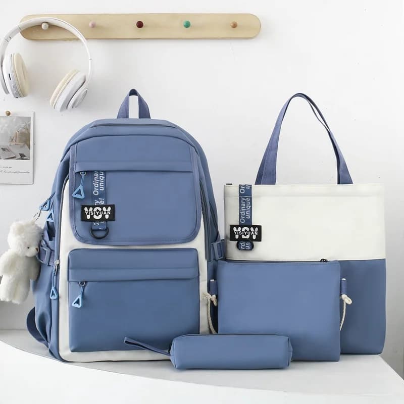 Sac à Dos Multifonctionnel Kawaii Grand Volume Imperméable et Résistant 4Pcs Bleu SACKDS12BL - حقيبة ظهر بعدة قطع بتصميم كاوايي