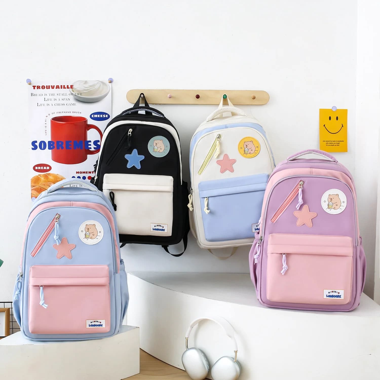 Sac à Dos Multifonctionnel Kawaii Grand Volume Imperméable et Résistant 4Pcs Noir SACKDS02N - حقيبة ظهر بعدة قطع بتصميم كاوايي 3