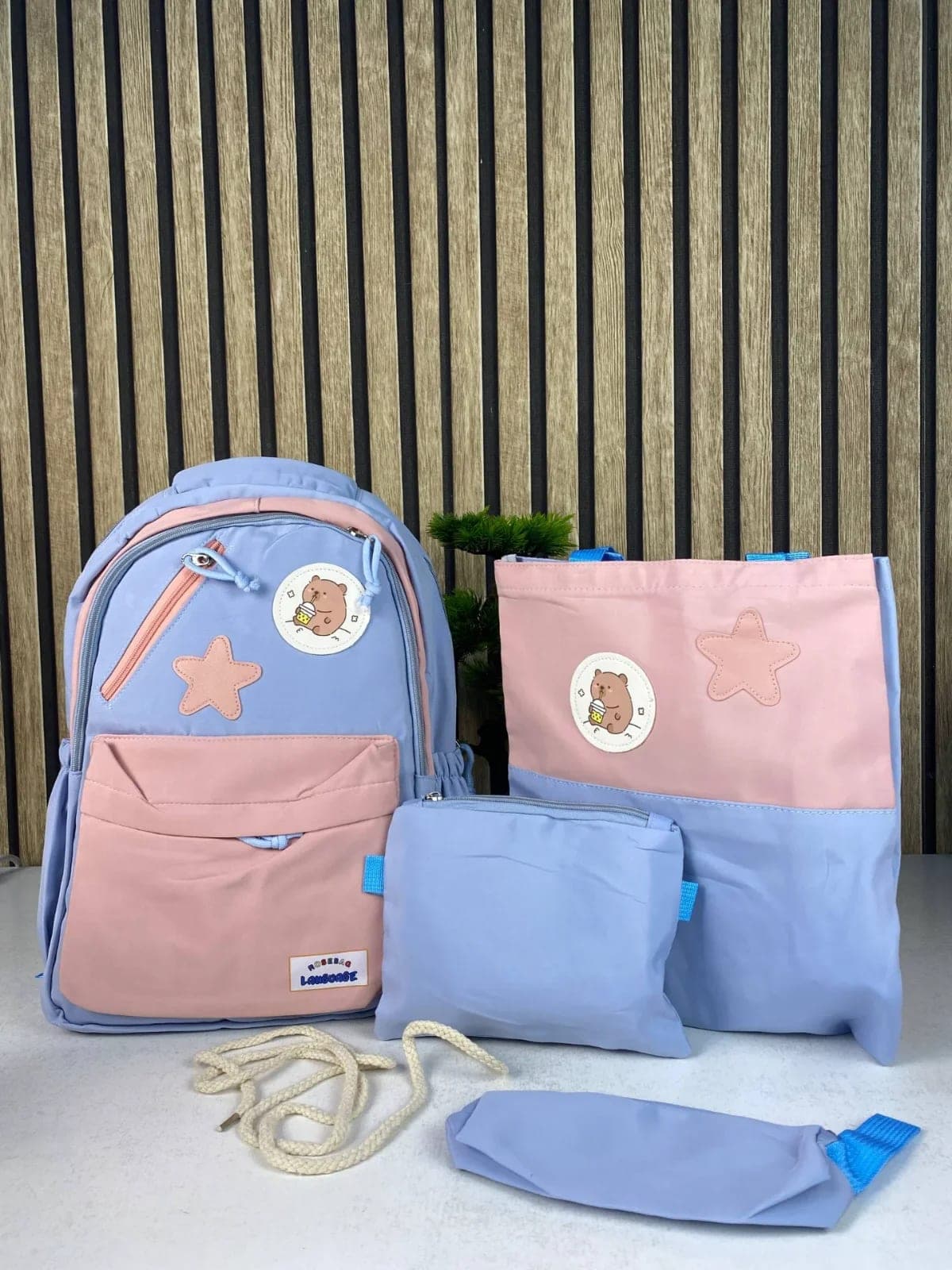 Sac à Dos Multifonctionnel Kawaii Grand Volume Imperméable et Résistant 4Pcs Bleu et Rose SACKDS02BRS - حقيبة ظهر بعدة قطع بتصميم كاوايي 4