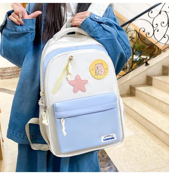 Sac à Dos Multifonctionnel Kawaii Grand Volume Imperméable et Résistant 4Pcs Bleu et Beige SACKDS02B - حقيبة ظهر بعدة قطع بتصميم كاوايي 2
