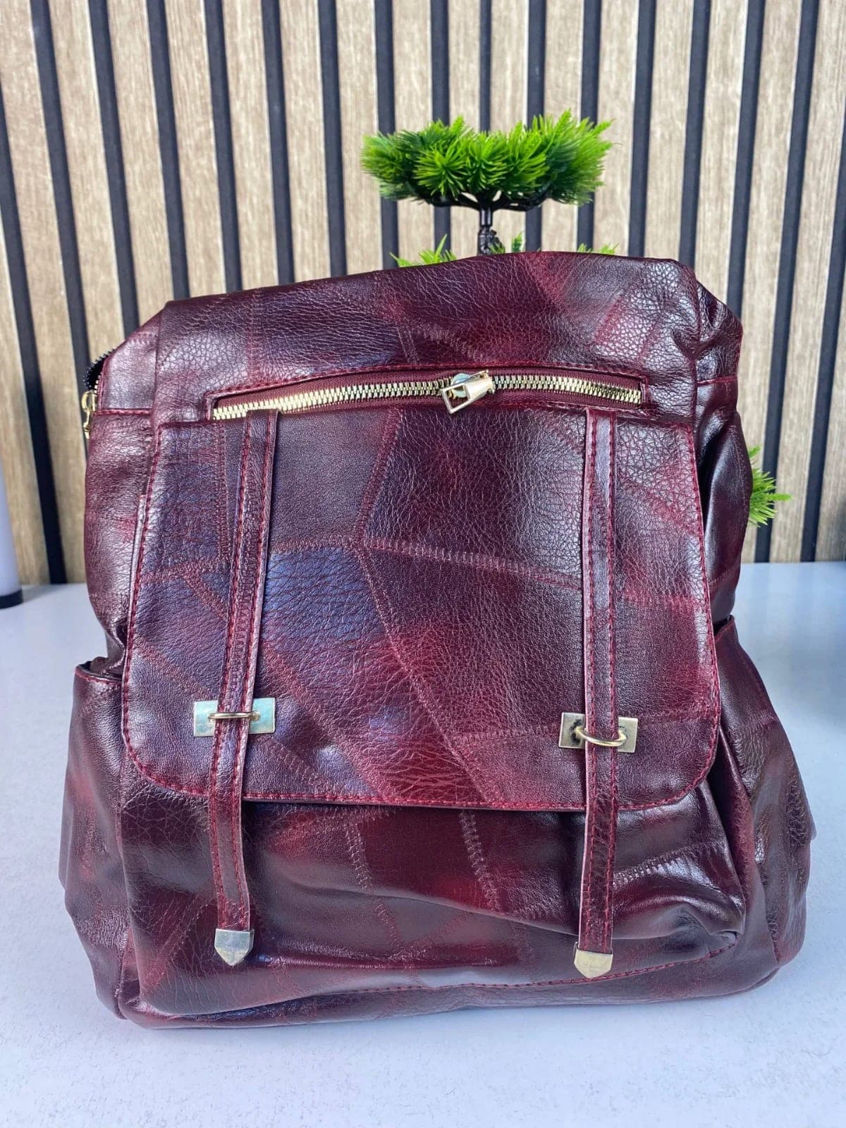 Sac à dos rétro en cuir synthétique pour femme Grenat - حقيبة ظهر نسائية من الجلد 5