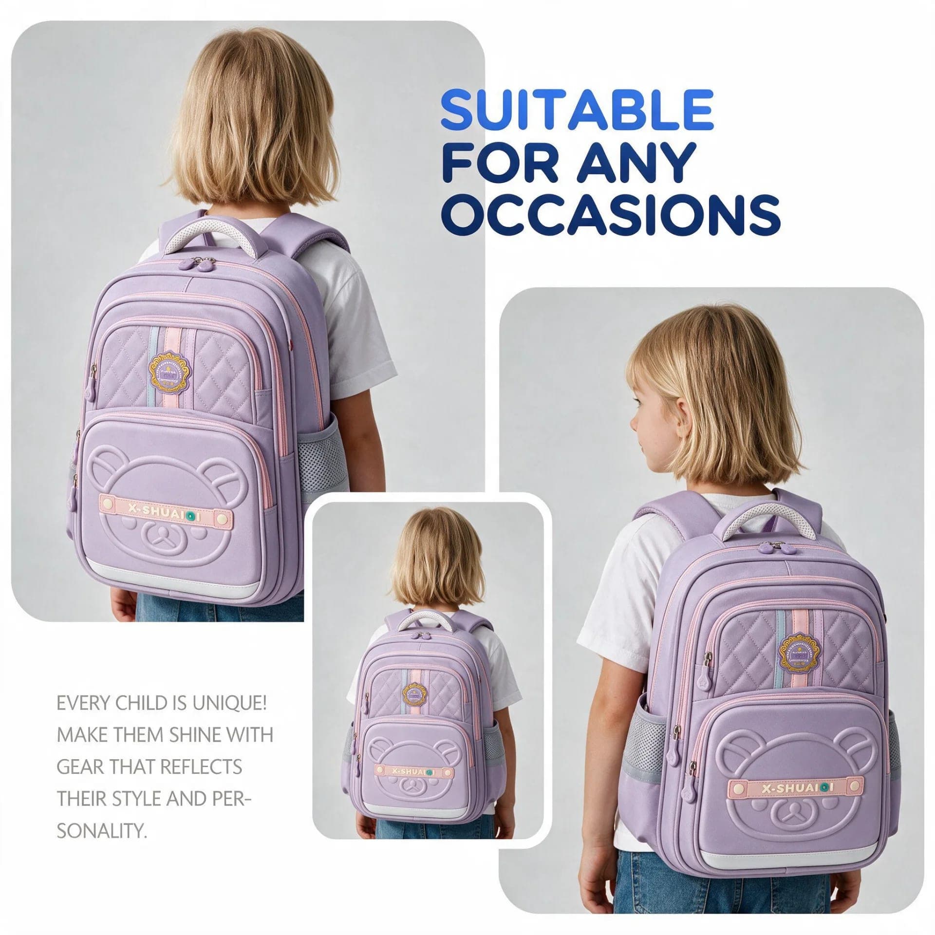 Sac à Dos Scolaire Style Kawaii Grand Volume Tissu Imperméable Mauve SACKDS18MV - حقيبة مدرسية بتصميم كاوايي 2