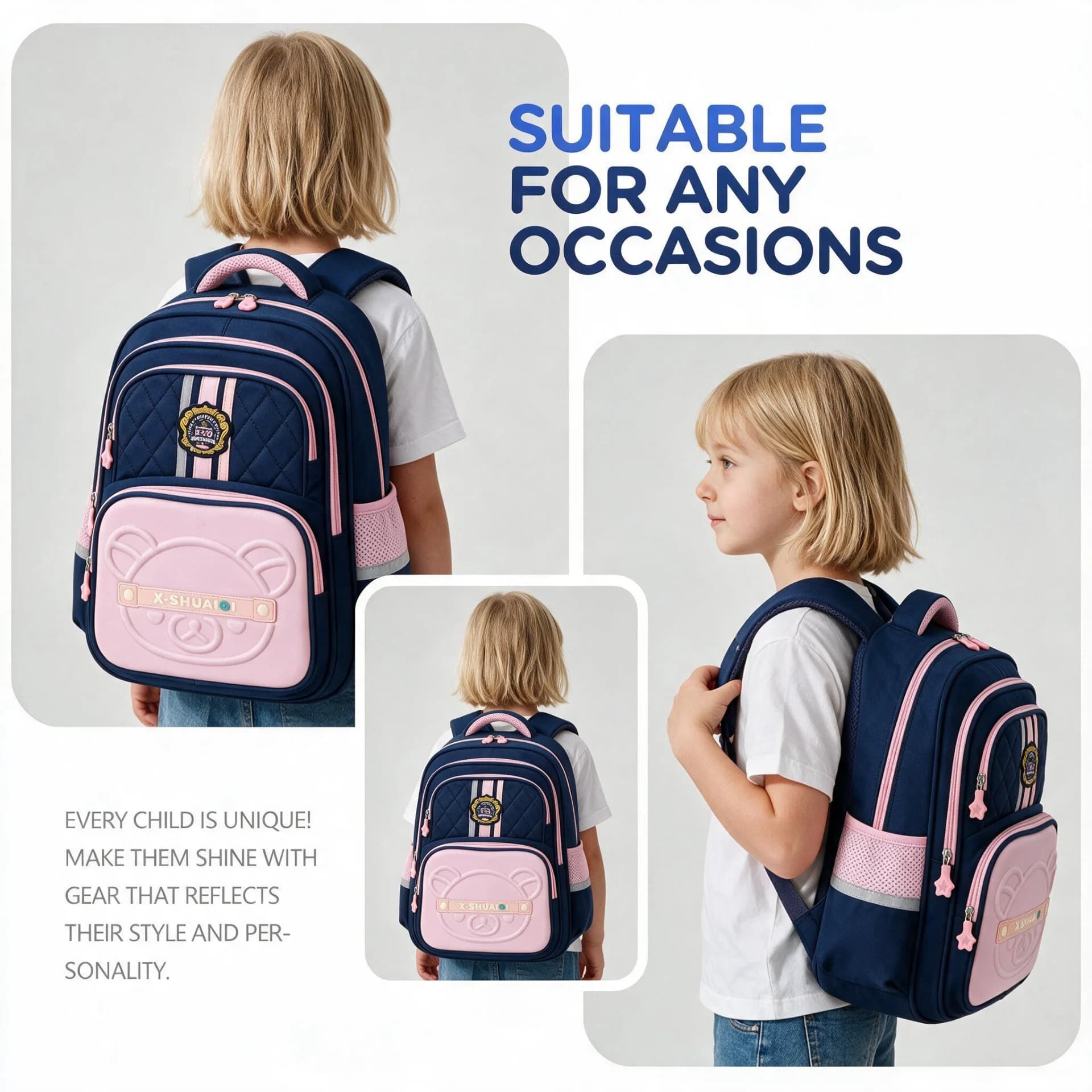 Sac à Dos Scolaire Style Kawaii Grand Volume Tissu Imperméable Bleu et Marron SACKDS18BRS - حقيبة مدرسية بتصميم كاوايي 2
