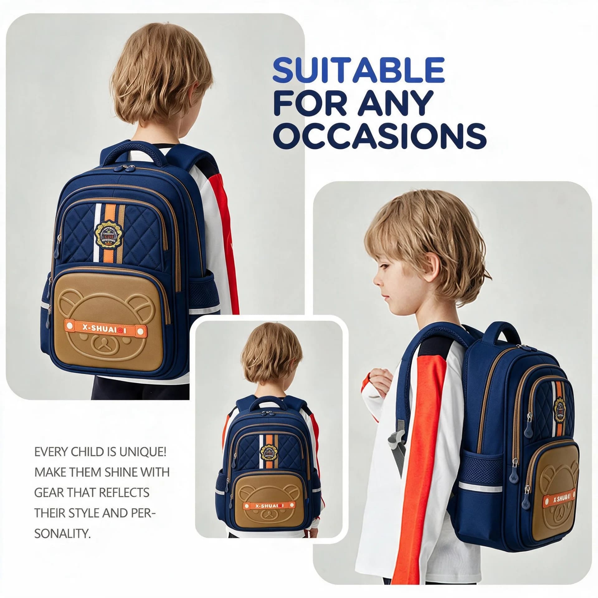 Sac à Dos Scolaire Style Kawaii Grand Volume Tissu Imperméable Bleu et Marron SACKDS18BM - حقيبة مدرسية بتصميم كاوايي 2