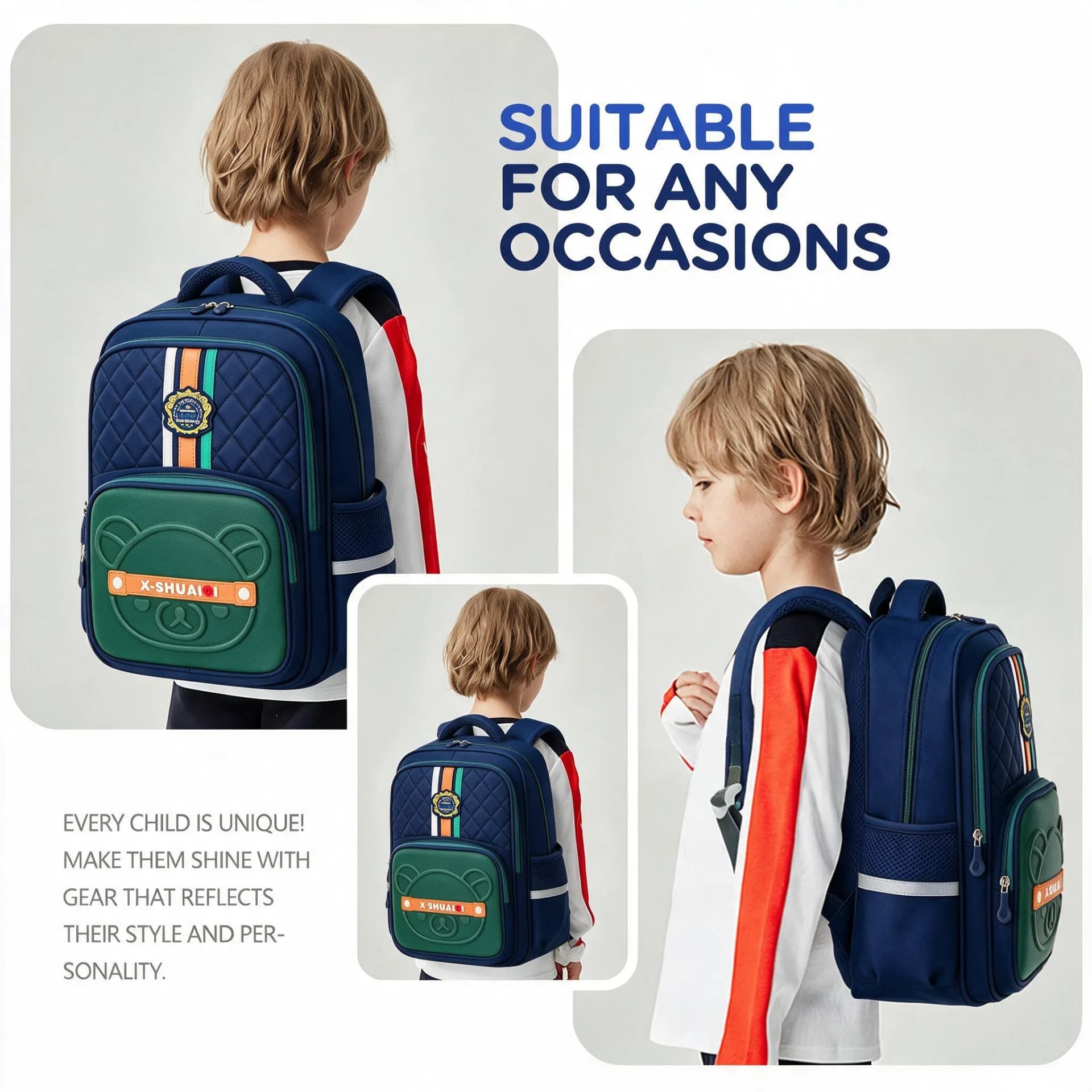 Sac à Dos Scolaire Style Kawaii Grand Volume Tissu Imperméable Bleu et Vert SACKDS18BV - حقيبة مدرسية بتصميم كاوايي 2