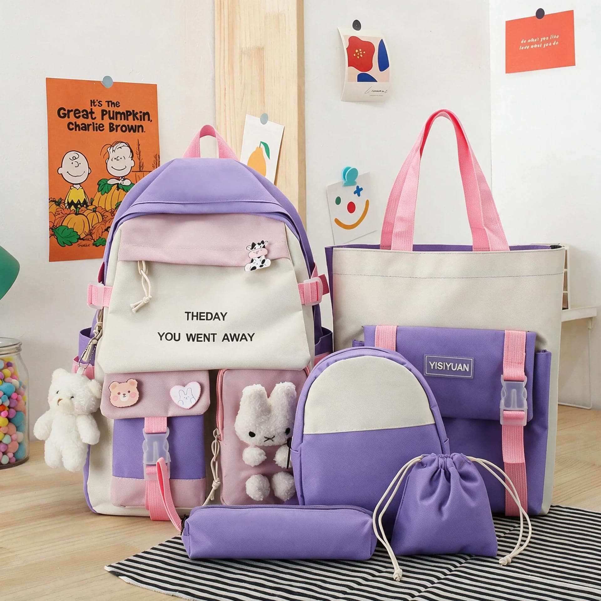 Sac à Dos Multifonctionnel Kawaii Grand Volume Imperméable et Résistant 5Pcs Mauve SACKDS25MV - حقيبة ظهر بعدة قطع بتصميم كاوايي 4