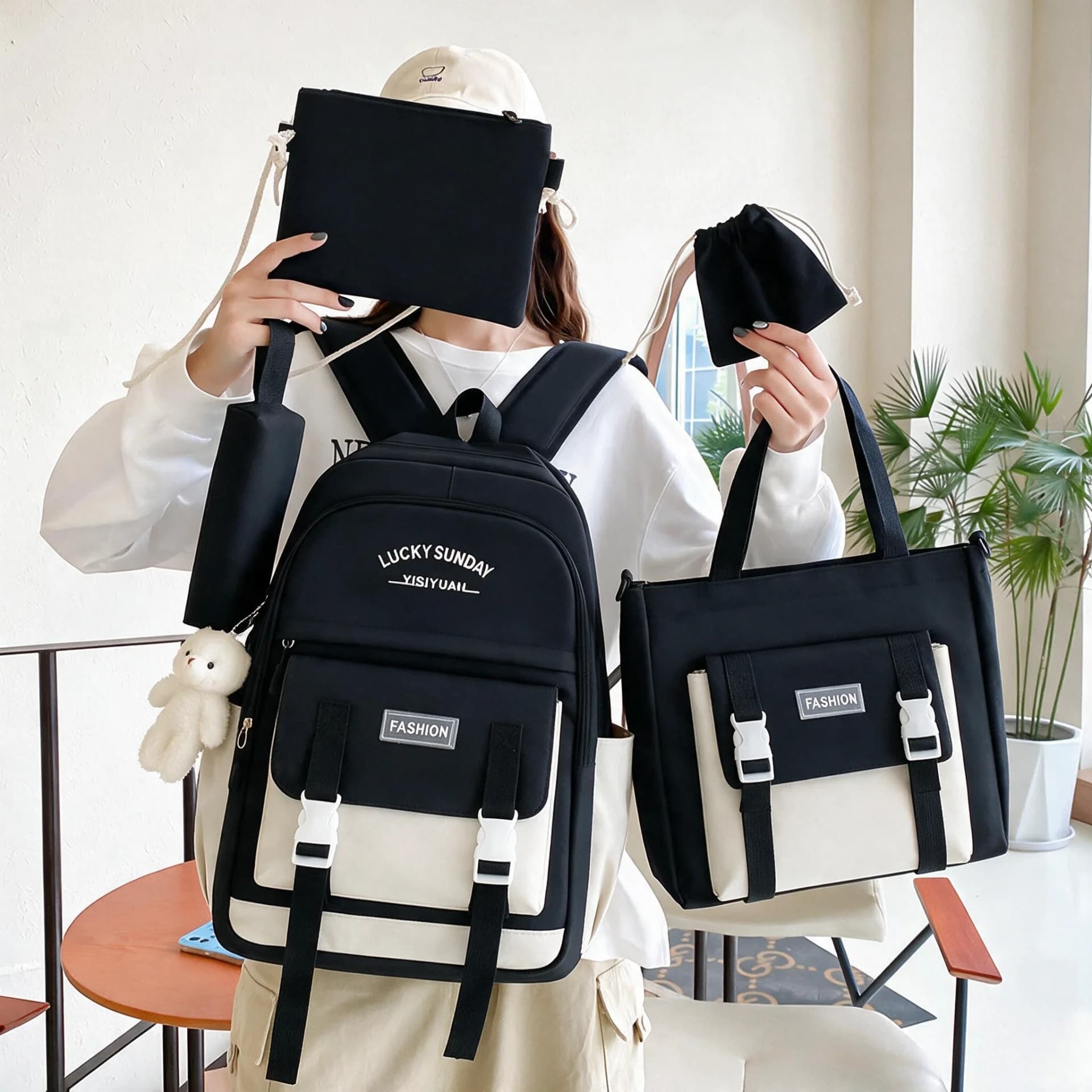 Ensemble de sacs à dos Kawai pour adolescents 5Pcs YISIYUAN V2 Noir et Blanc – محفظة 5 قطع كاواي للبنات 2