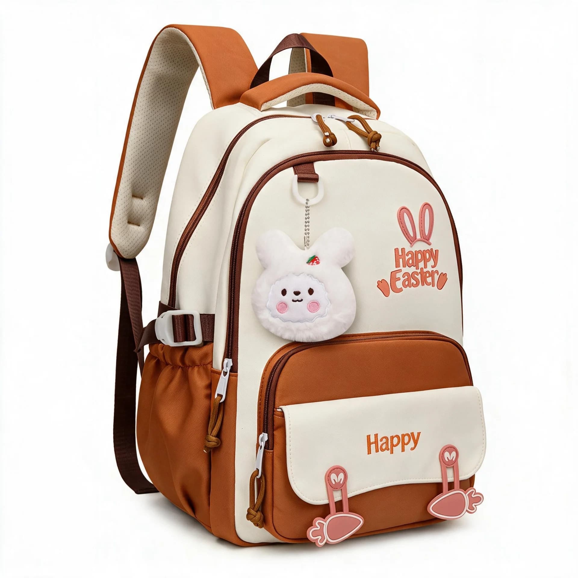 Sac à Dos Scolaire Motif Lapin Happy Easter Ergonomique Tissu Imperméable Orange SACKDS31ORG - حقيبة ظهر مدرسية وعصرية بتصميم الأرنب اللطيف 