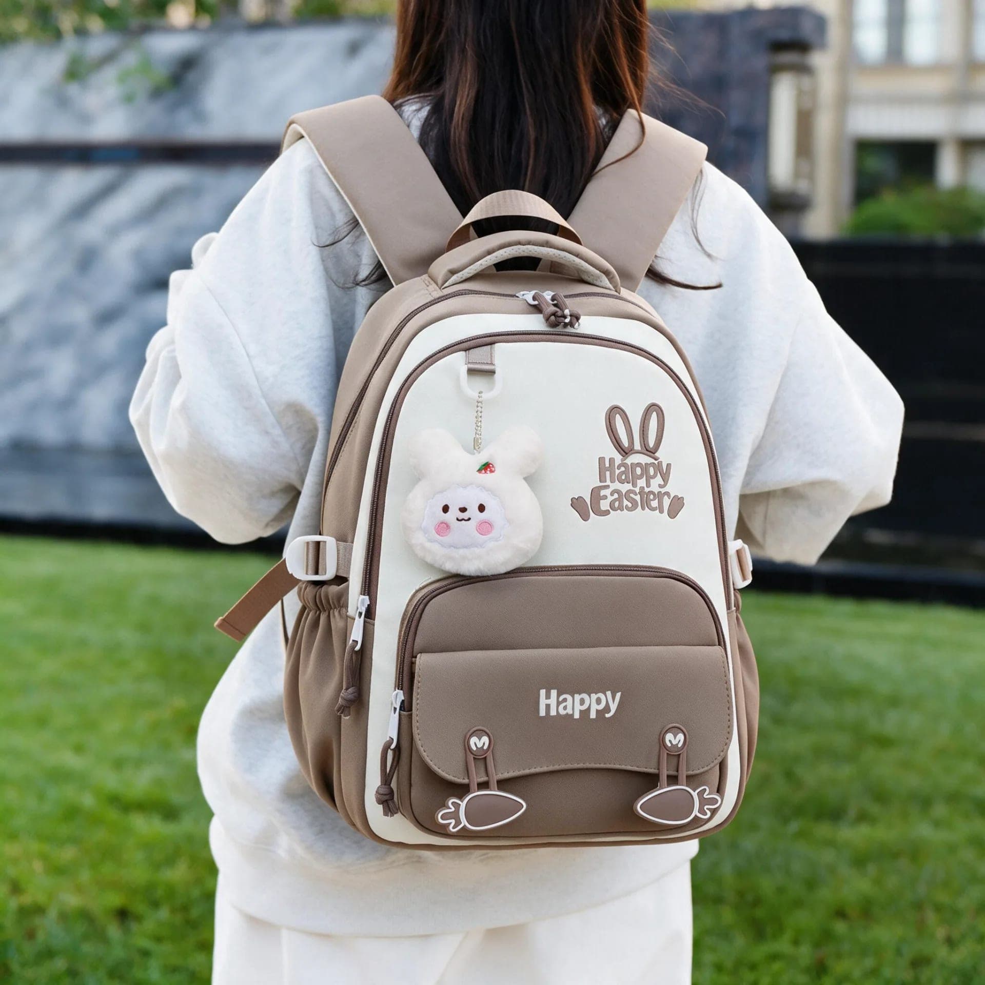  Sac à Dos Scolaire Motif Lapin Happy Easter Ergonomique Tissu Imperméable Marron SACKDS31MR - حقيبة ظهر مدرسية وعصرية بتصميم الأرنب اللطيف  2
