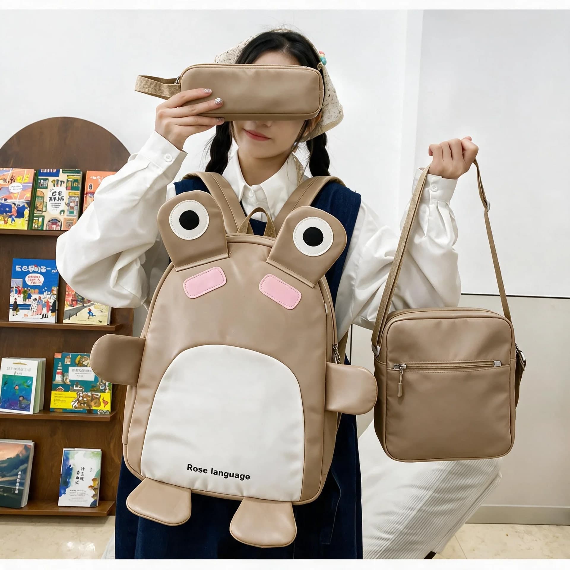 Sac à Dos Scolaires Enfant 3 en 1 Motif Grenouille Rose Language Style Dos Kawaii Marron SACKDS32MR - طقم حقائب مدرسية للأطفال 3 في 1 بتصميم الضفدع اللطيف 2