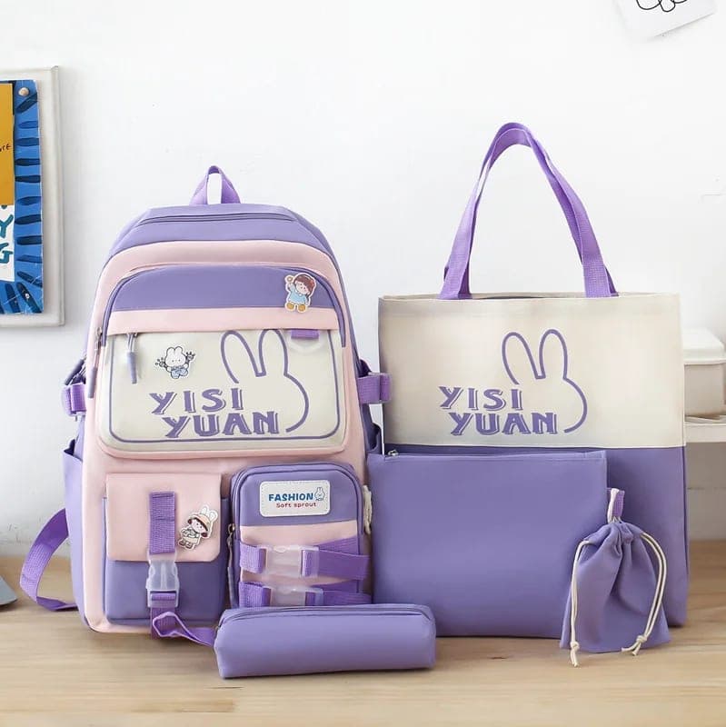 Sac à Dos Multifonctionnel Kawaii Grand Volume Imperméable et Résistant 5Pcs Mauve SACKDS29MV - حقيبة ظهر بعدة قطع بتصميم كاوايي