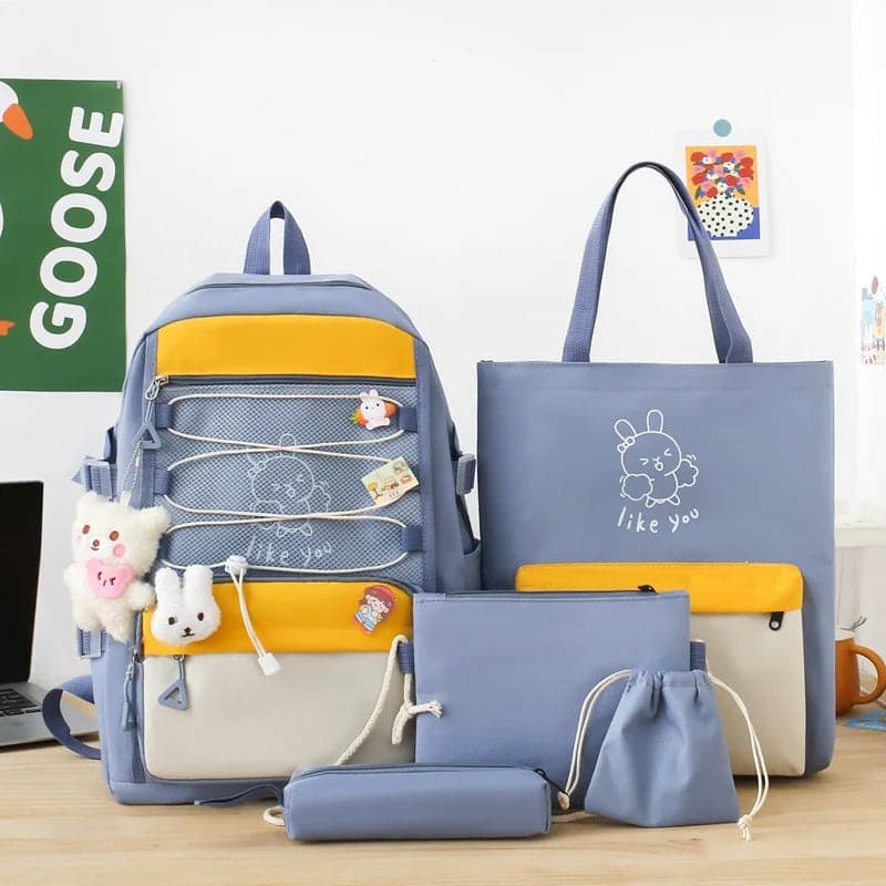 Sac à Dos Multifonctionnel Kawaii Grand Volume Imperméable et Résistant 5Pcs Bleu SACKDS33BL - حقيبة ظهر بعدة قطع بتصميم كاوايي