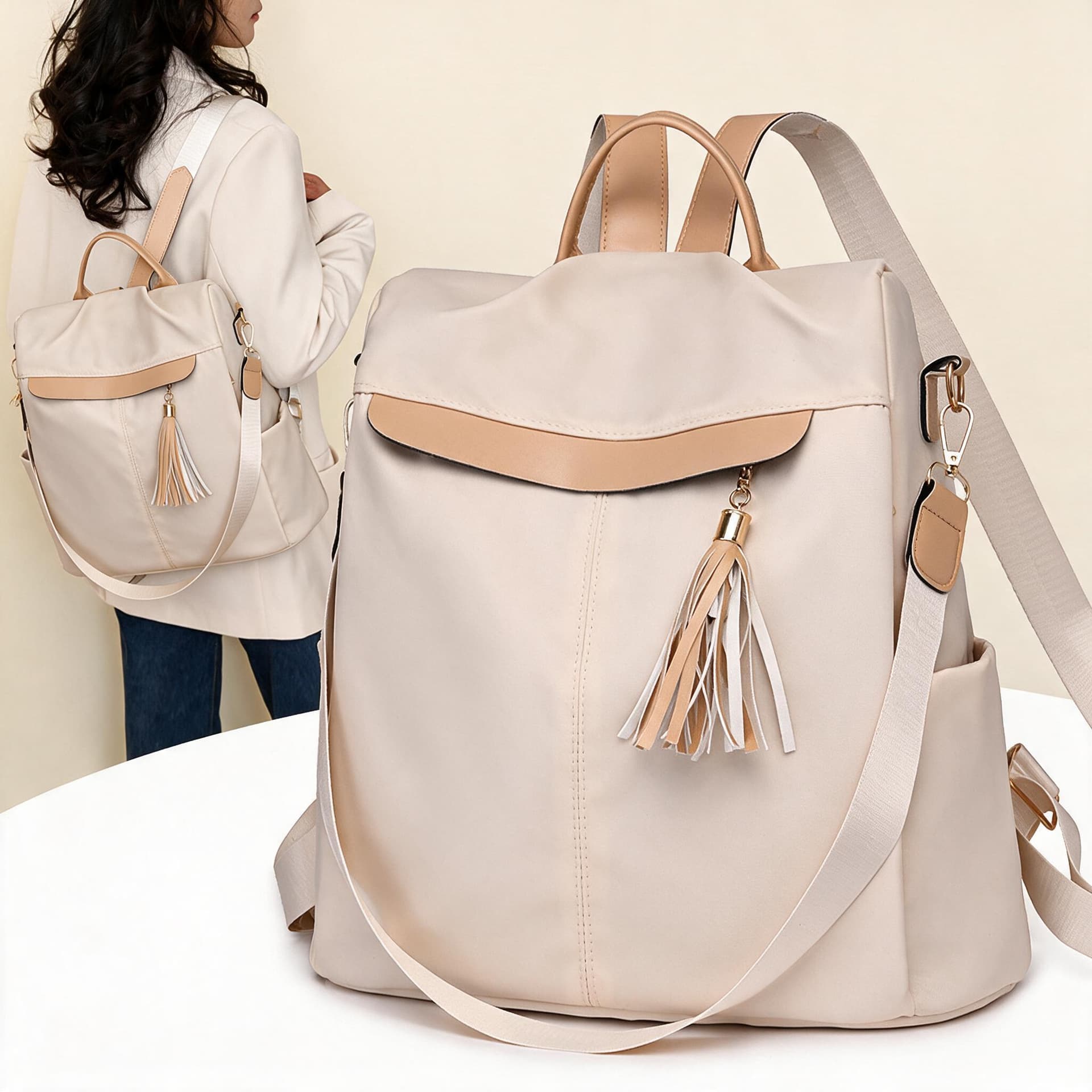 Sac à Dos Femme Élégant et Tendance Style Chic Couleur Beige SACKDS26BG - حقيبة ظهر نسائية عصرية بتصميم أنيق متعددة الاستخدامات 2