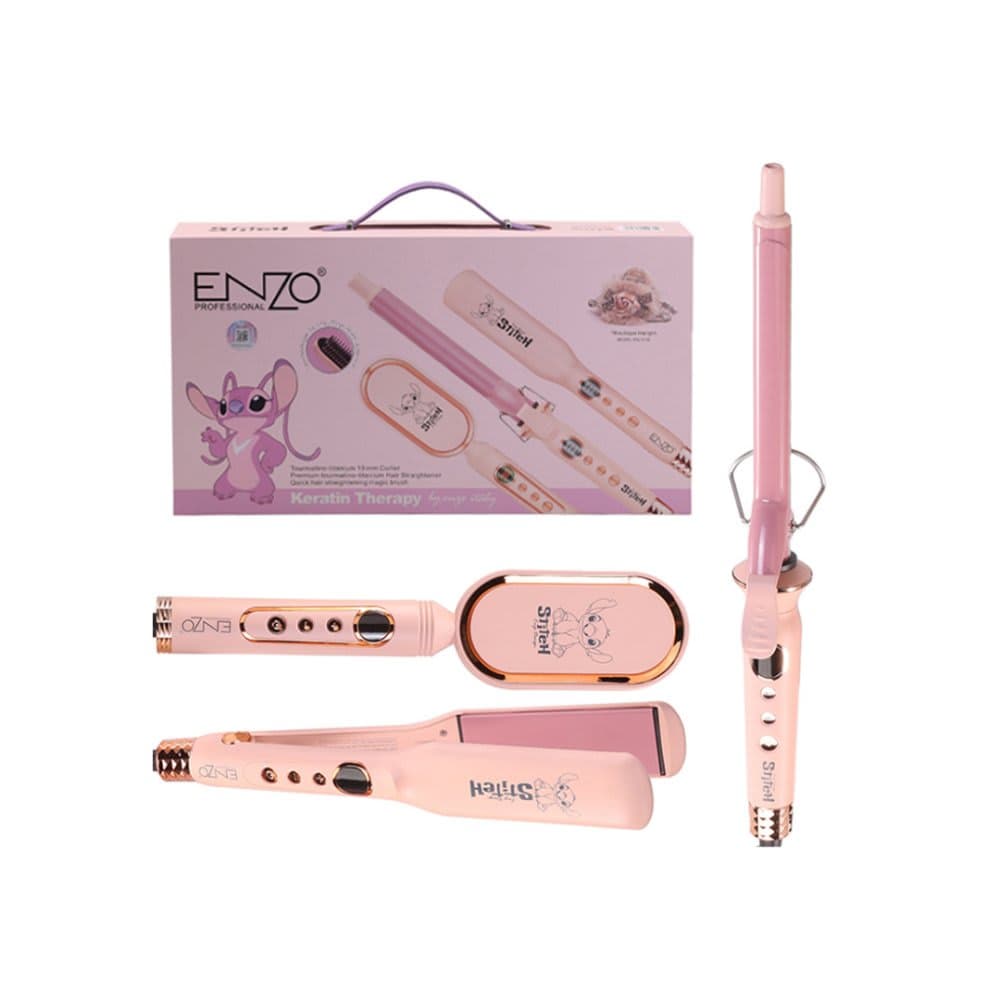 مجموعة ENZO KERATIN THERAPY الوردي - مكواة فرد التيتانيوم ومكواة تجعيد 19 ملم 3