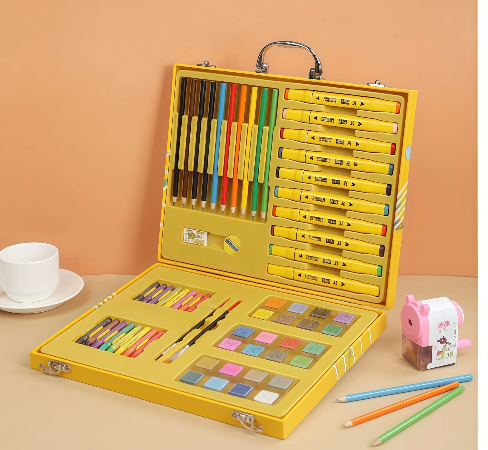  علبة أدوات الرسم والتلوين للأطفال مع حقيبة، مجموعة الرسم والتلوين للأطفال العلبة على شكل بطة صفراء 5