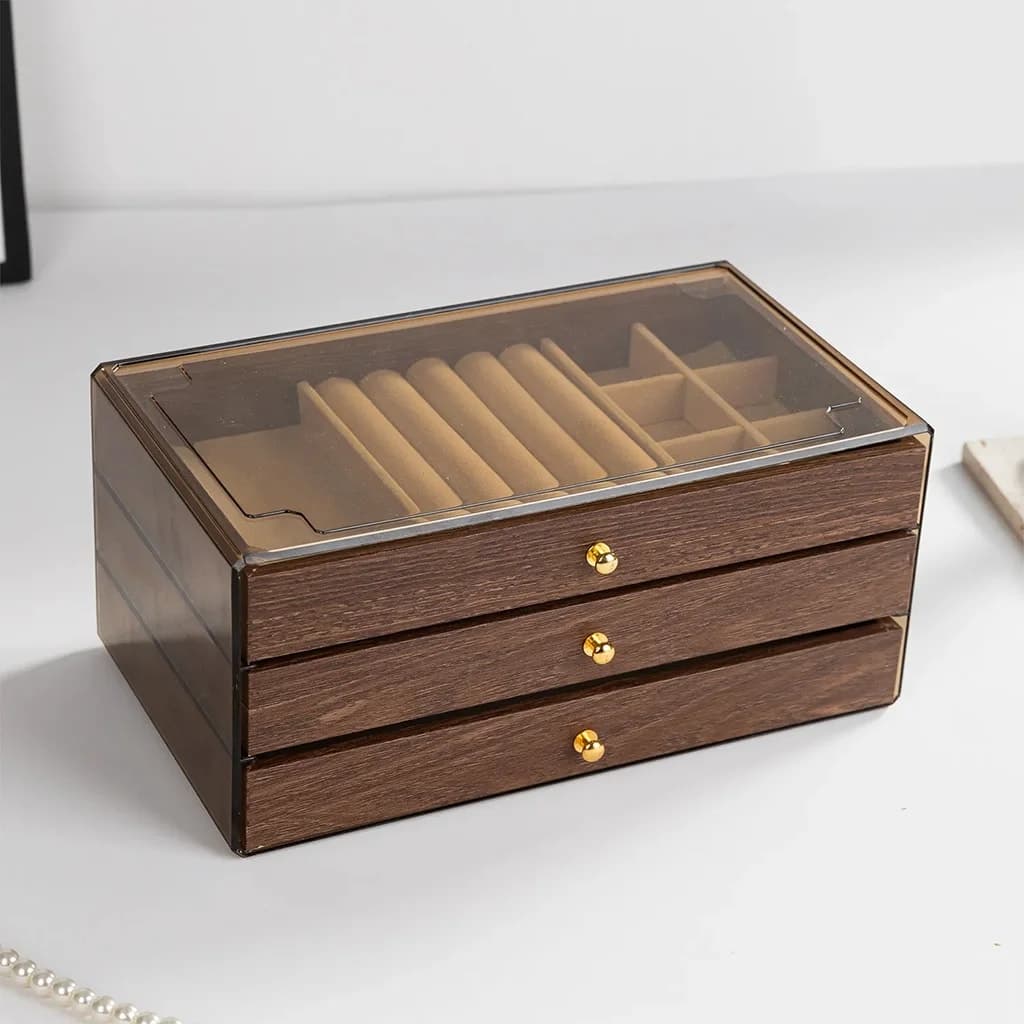 Coffret à bijoux en bois à 3 niveaux très élégant couleur noyer – علبة تنظيم المجوهرات