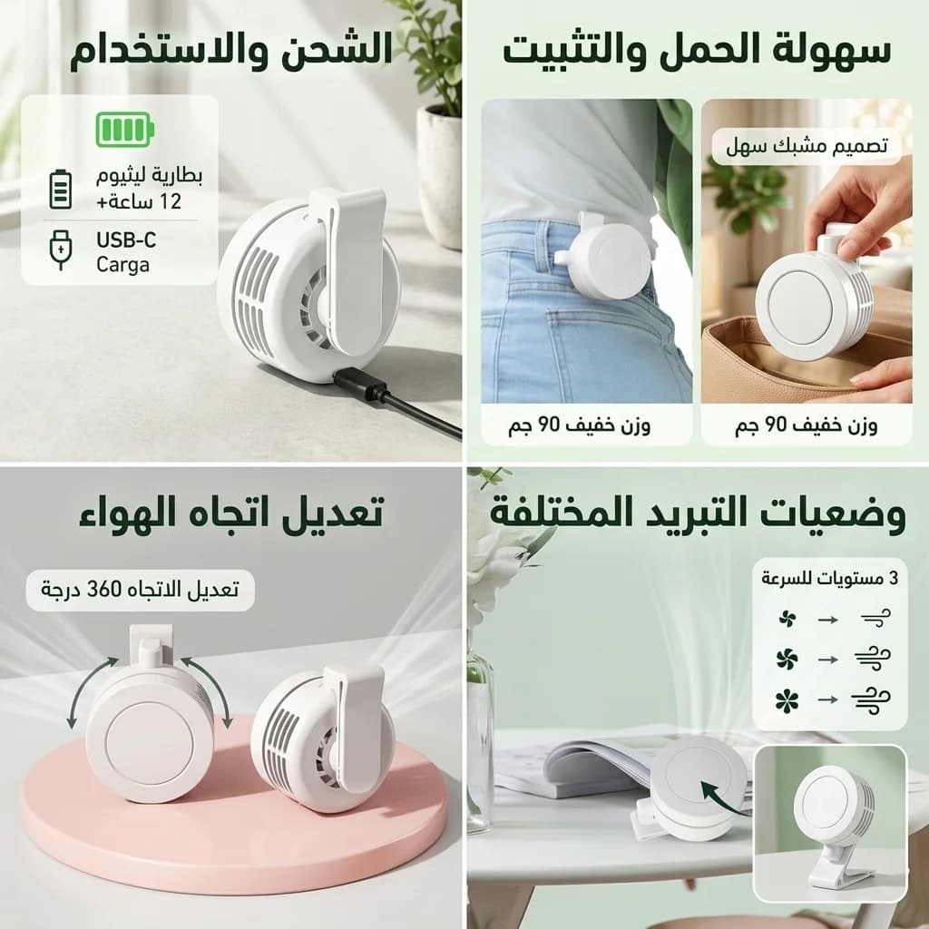 - مروحة حزام صغيرة محمولة وبدون شفرات مع مشبك دوار قابلة لإعادة الشحن بمنفذ USB-C 360° و 3 سرعات .