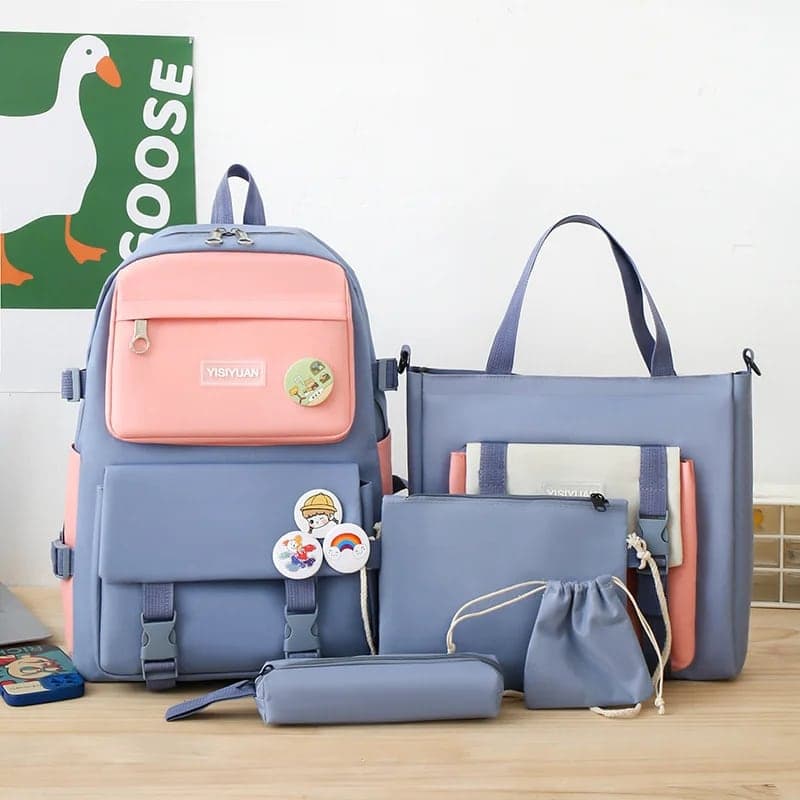 Ensemble de sacs d’école Kawai pour adolescents 5Pcs YISIYUAN Rose et Bleu – محفظة 5 قطع كاواي أزرق ووردي