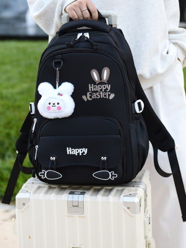 Sac à Dos Scolaire Motif Lapin Happy Easter Ergonomique Tissu Imperméable Noir SACKDS31N - حقيبة ظهر مدرسية وعصرية بتصميم الأرنب اللطيف