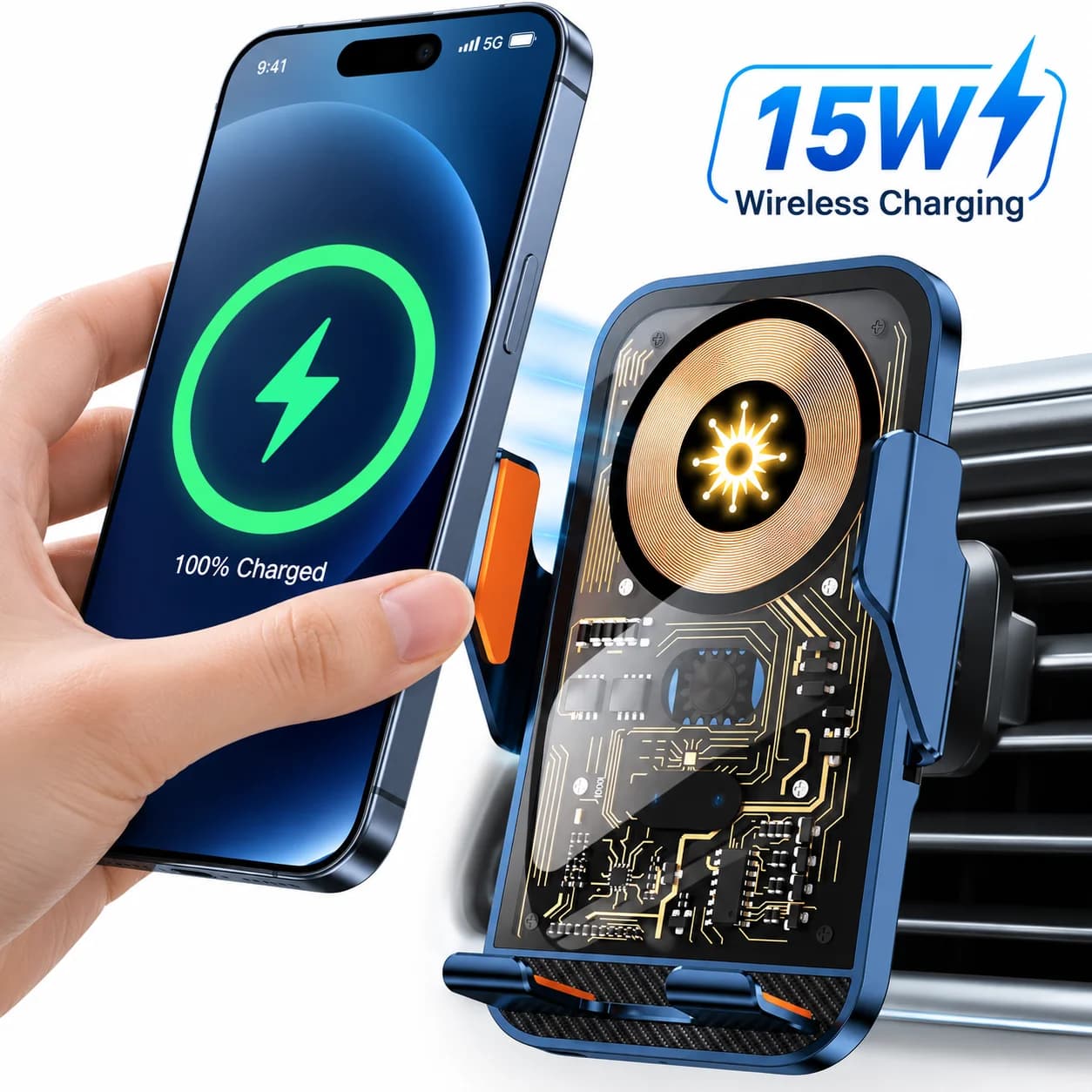 حامل هاتف للسيارة مع شاحن لاسلكي بقوة 15 واط، موديل C10، تصميم شفاف