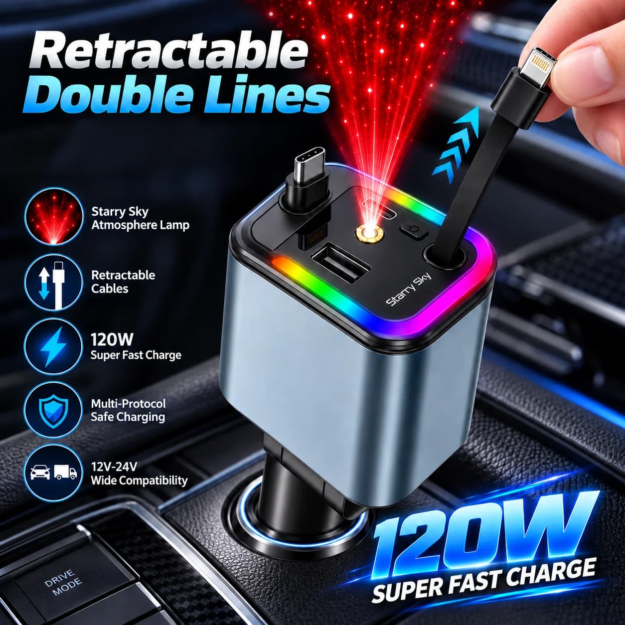 شاحن سيارة 4 في 1 بقوة 120 واط كحد أقصى، مزود بكابلات قابلة للسحب ومنافذ USB/Type-C