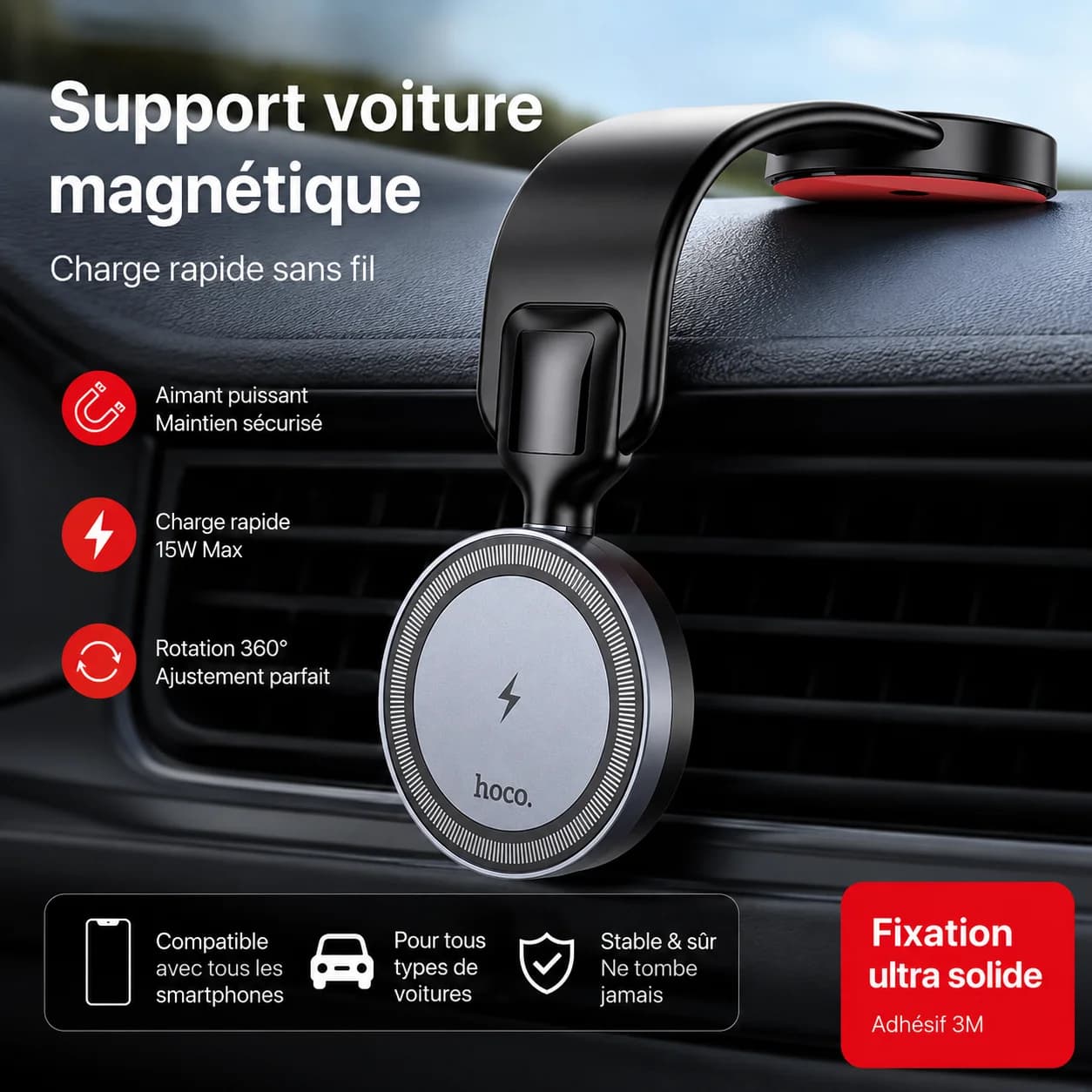 Support magnétique voiture avec charge sans fil