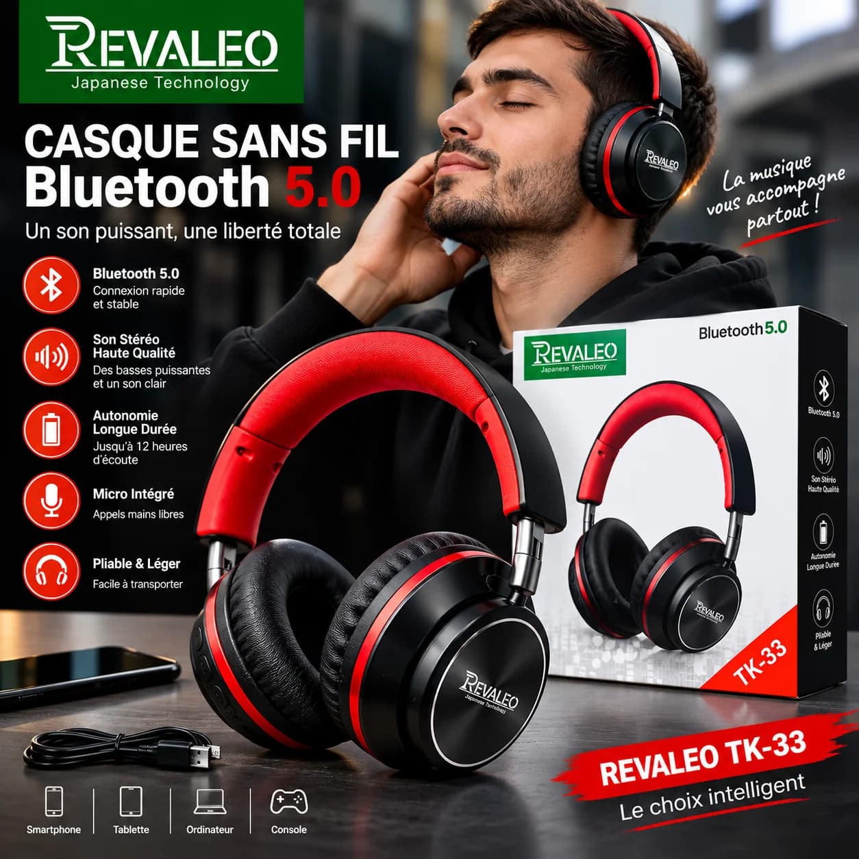 سماعات REVALEO TK-33 اللاسلكية – Bluetooth 5.0 | صوت قوي وراحة طوال اليوم