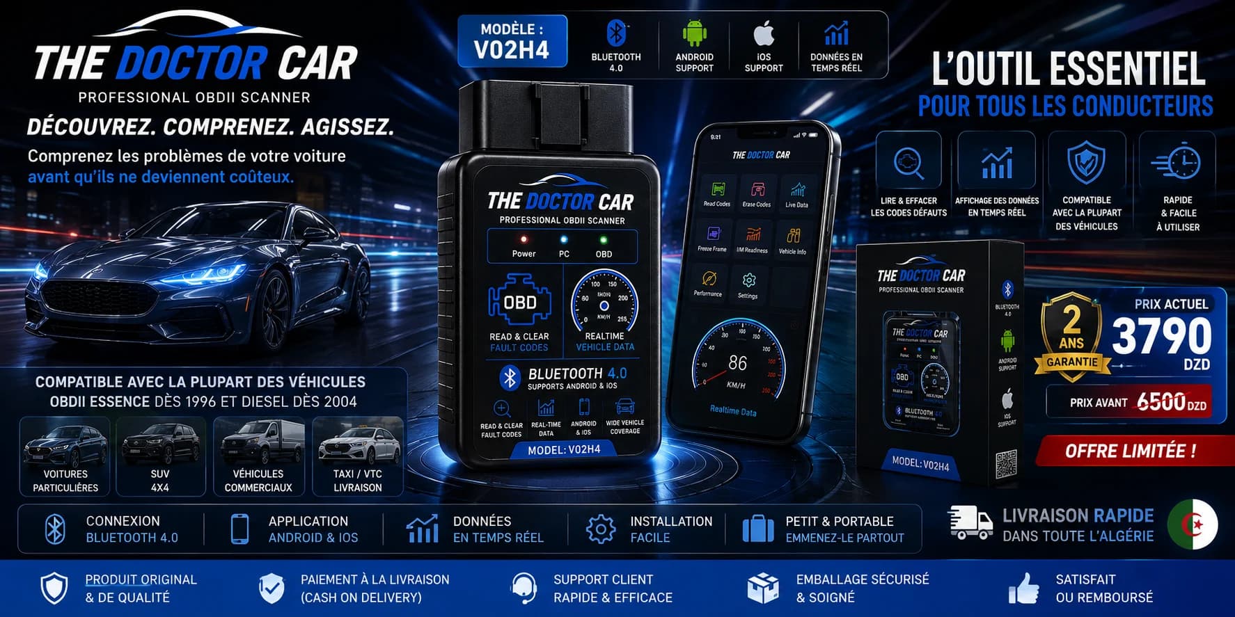 THE DOCTOR CAR V02H4 – جهاز تشخيص أعطال السيارات OBD2 | Bluetooth 5.0 | Android & iOS