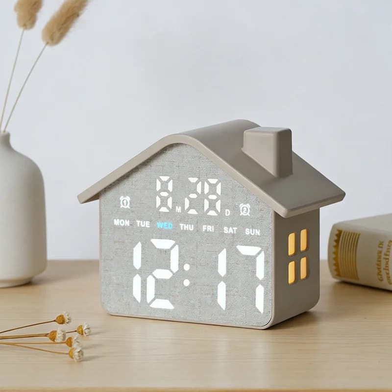 Horloge Réveil Numérique LED en Forme de Maison Double Alarme Veilleuse Douce GH8063 - ساعة منبه رقمية بتصميم منزل أنيق مع إضاءة ليلية وشاشة كاملة