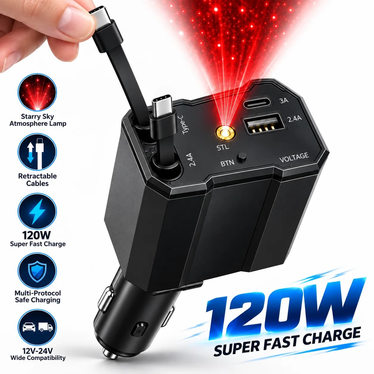 Chargeur 120W 5 en 1 avec Câbles Rétractables Ports USB,Type-C et Veilleuse Ciel Étoilé - شاحن سيارة سريع 120 واط متعدد المنافذ مع إضاءة سقف نجوم